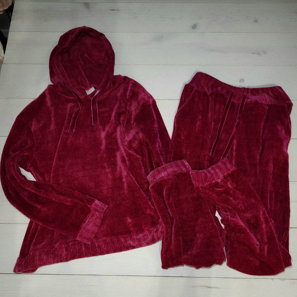 Women's Set Chenille Loungewear.Cozy Wine Burgundy Hoodie Jogger Pants.